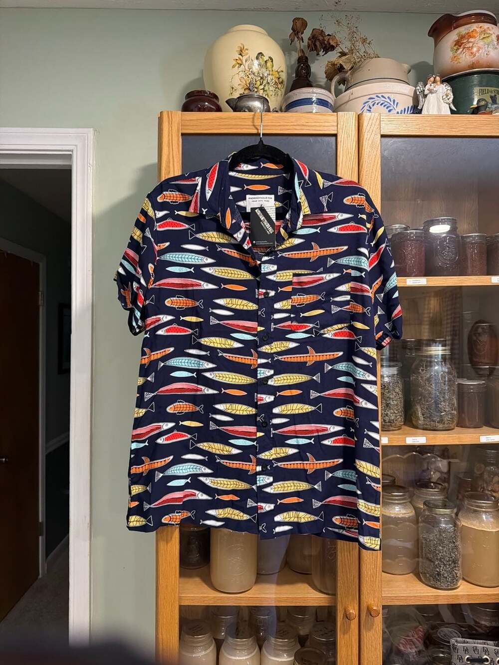 Androgynous Fox The Upstreamer Fish Print Short Sleeve Button Down Shirt